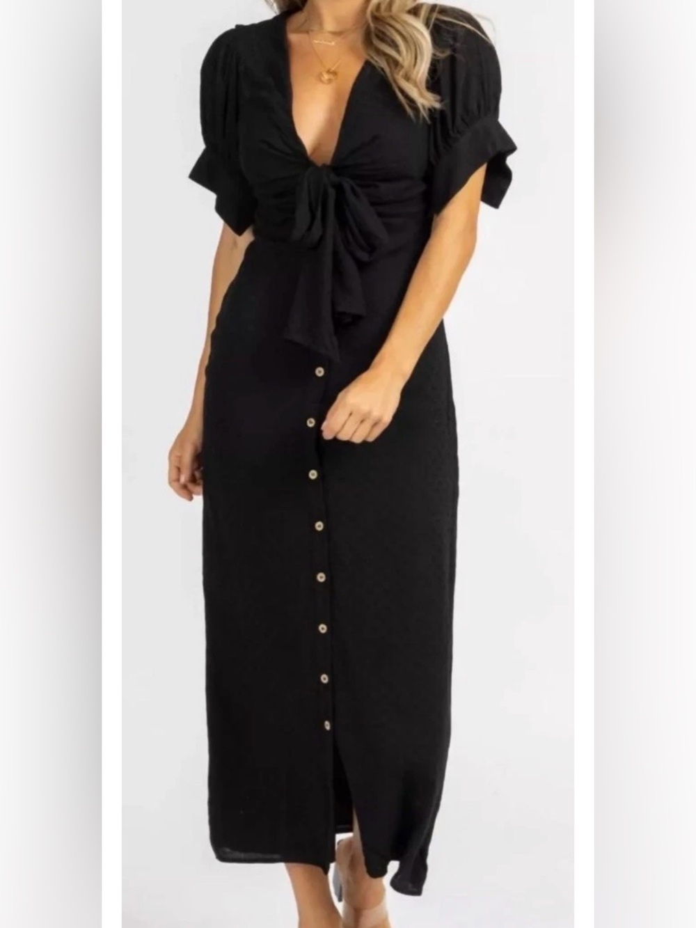 Malibu Bum center tie cap sleeve Black Button Up maxi dress size medium